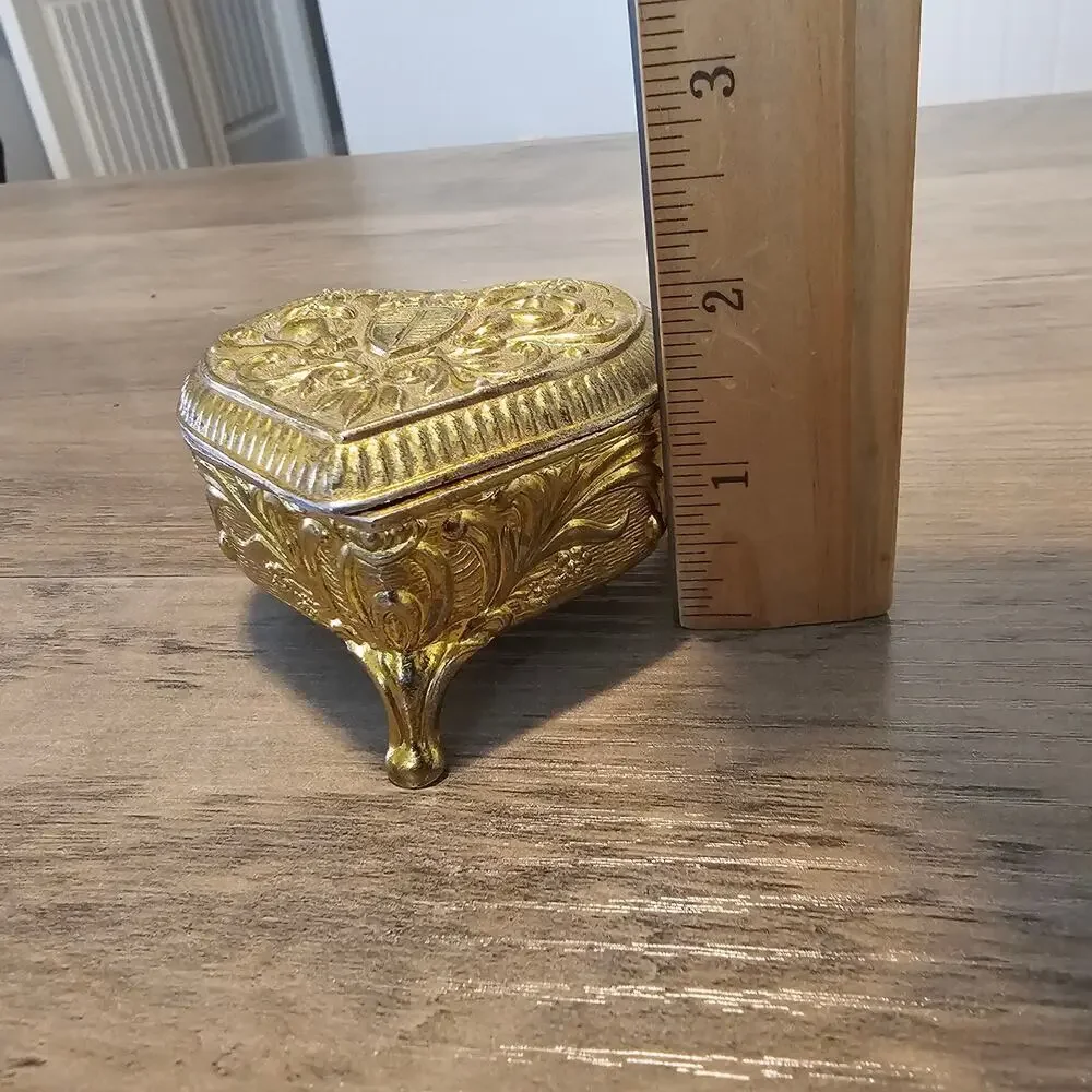 Vintage Gold Metal Heart Trinket Jewelry Box Cherub Velvet Japan Renaissance